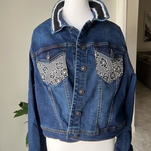 Denim Couture Jacket – Pearl Logo & Luxe Collar Detail